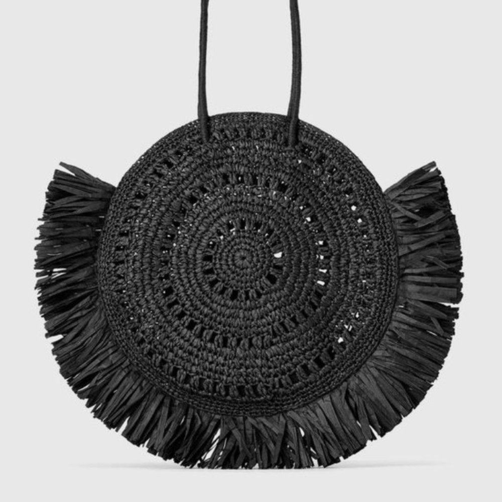 ZARAE Black Raffia Round Bag